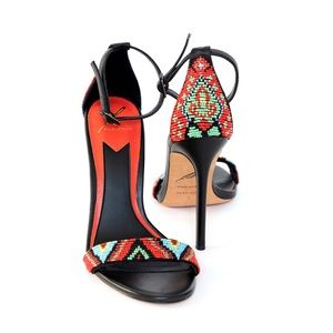 Brian Atwood Embellished Beaded Black Red Sandals Stilettos Heels SZ 7